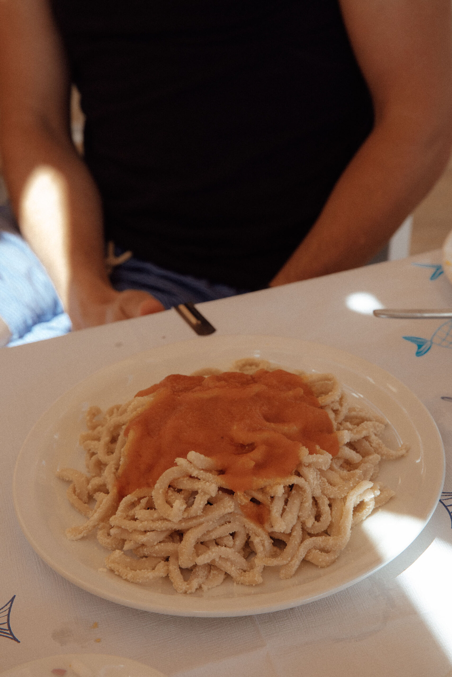 Authentic matsata pasta dish at Pasithea Restaurant Folegandros - traditional local Greek island cuisine with handmade noodles