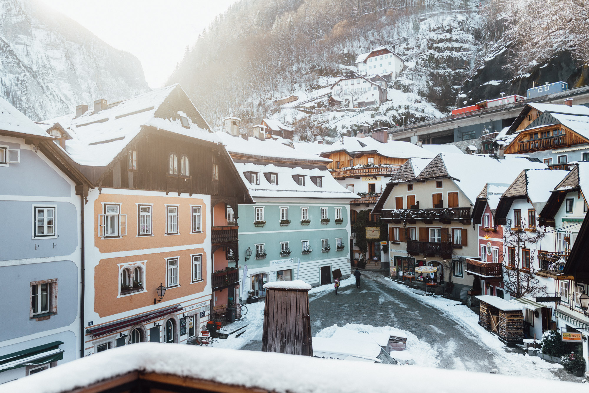 Balcony view of Hallstatt town square in Austria