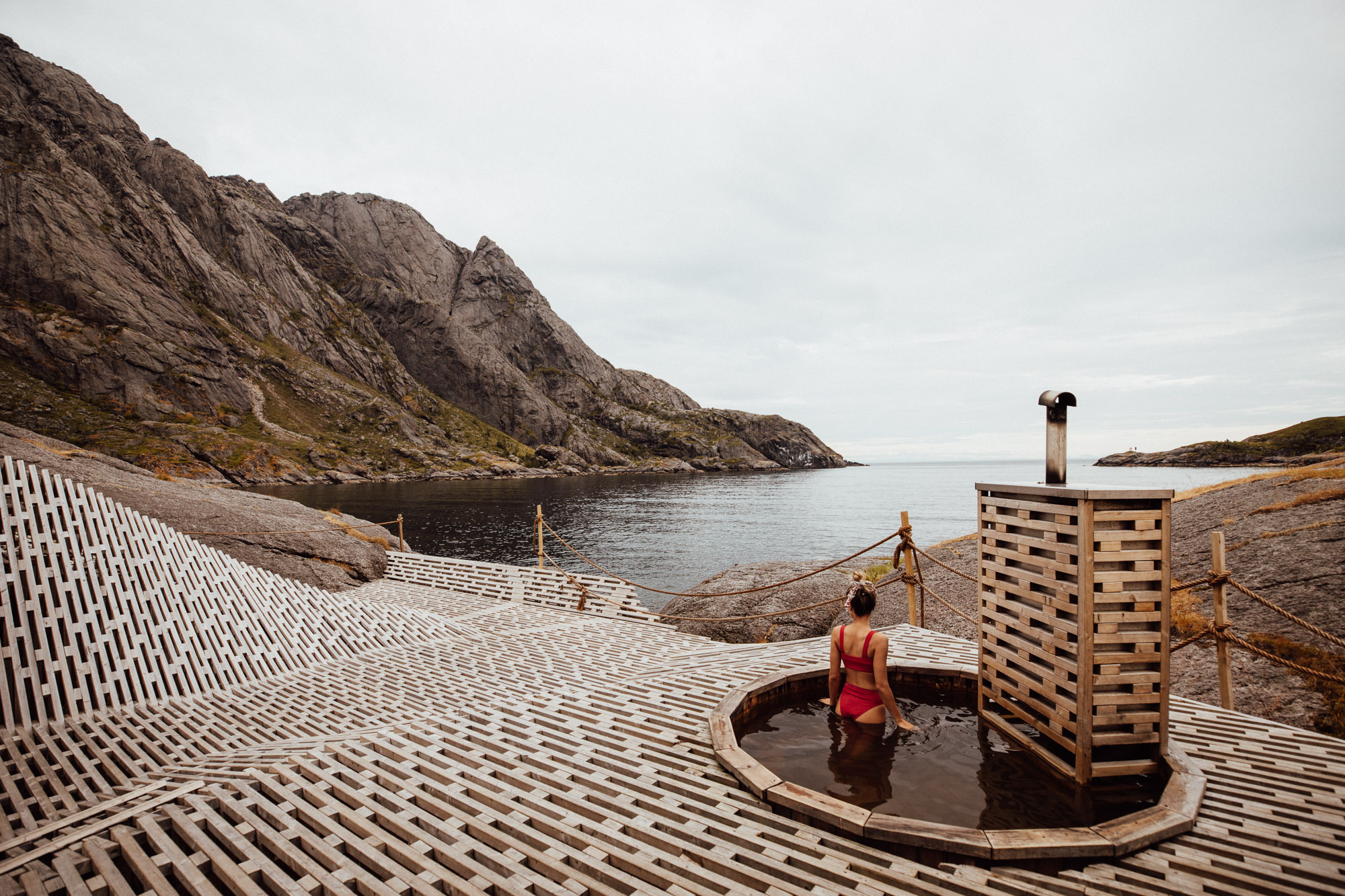 Sauna at Lofoten Hotel in Norway Nusfjord Arctic Resort Traditional Fishermen Red Cabin with a Fjord View - Find Us Lost