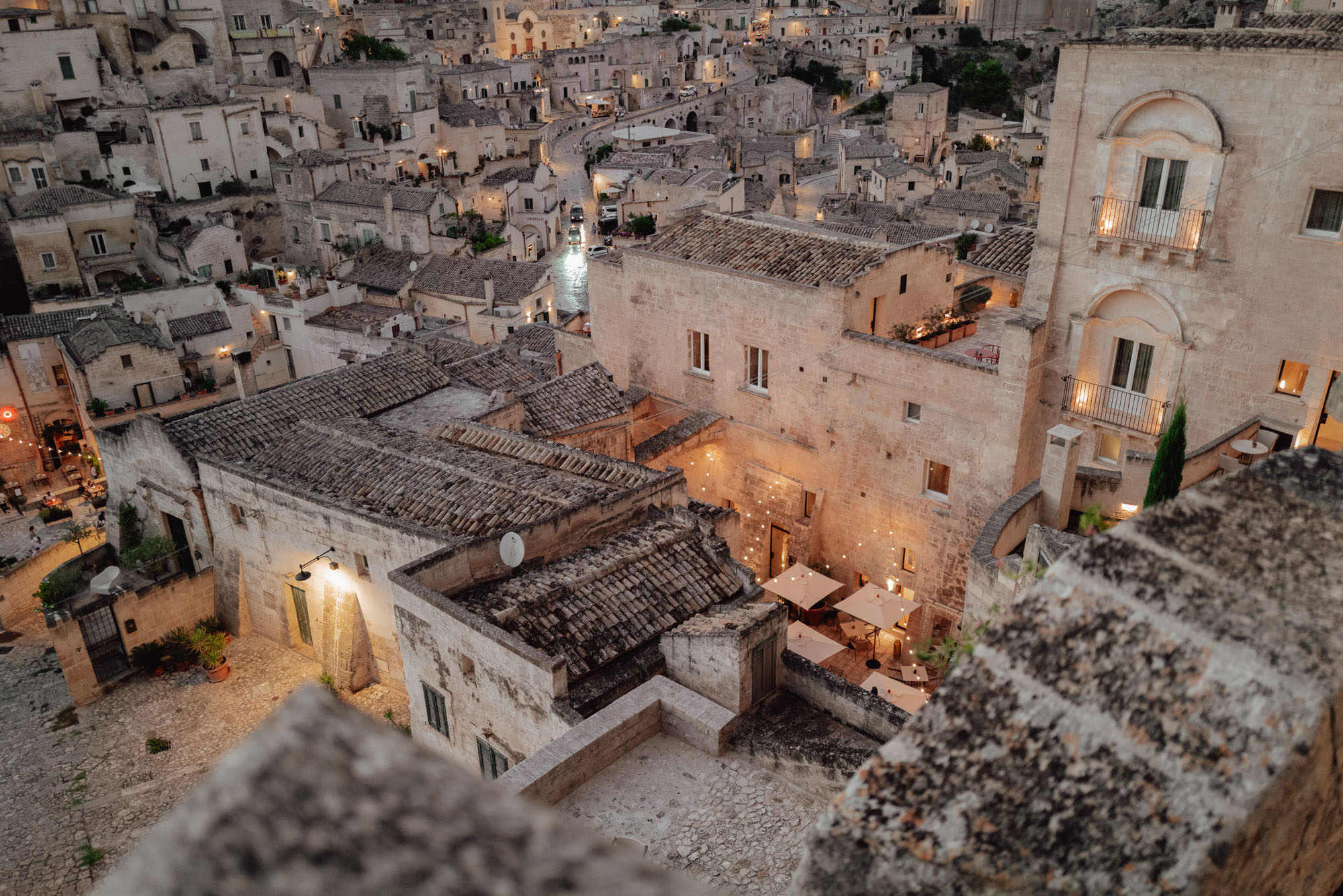 Sunset over Matera Italy ancient Sassi cave dwellings and stone buildings