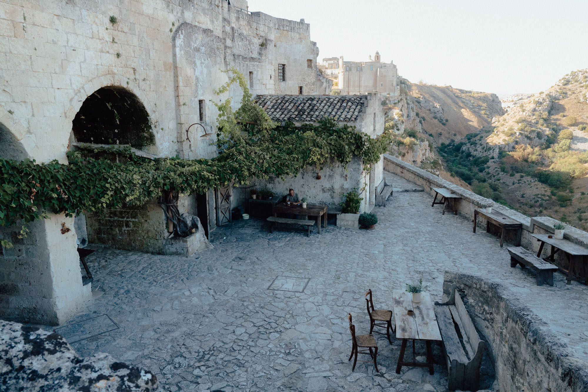 Views over the courtyard and restaurant at sextantio le grotte della civita cave hotel in matera