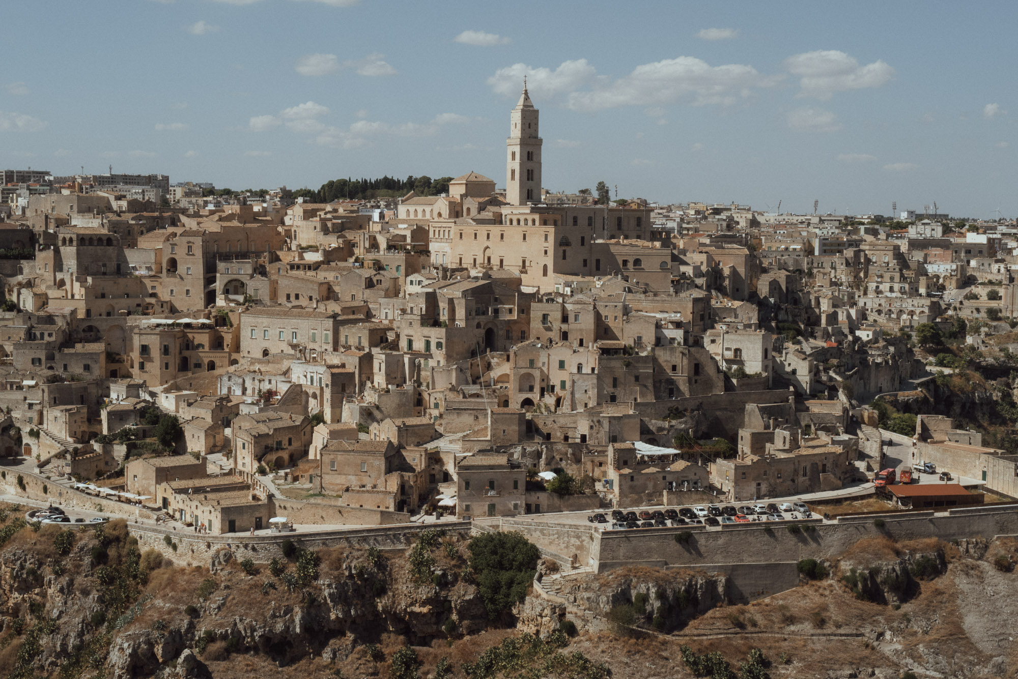 Scenic overlook of Matera cave city at sunset from Belvedere viewpoint in Basilicata Italy 