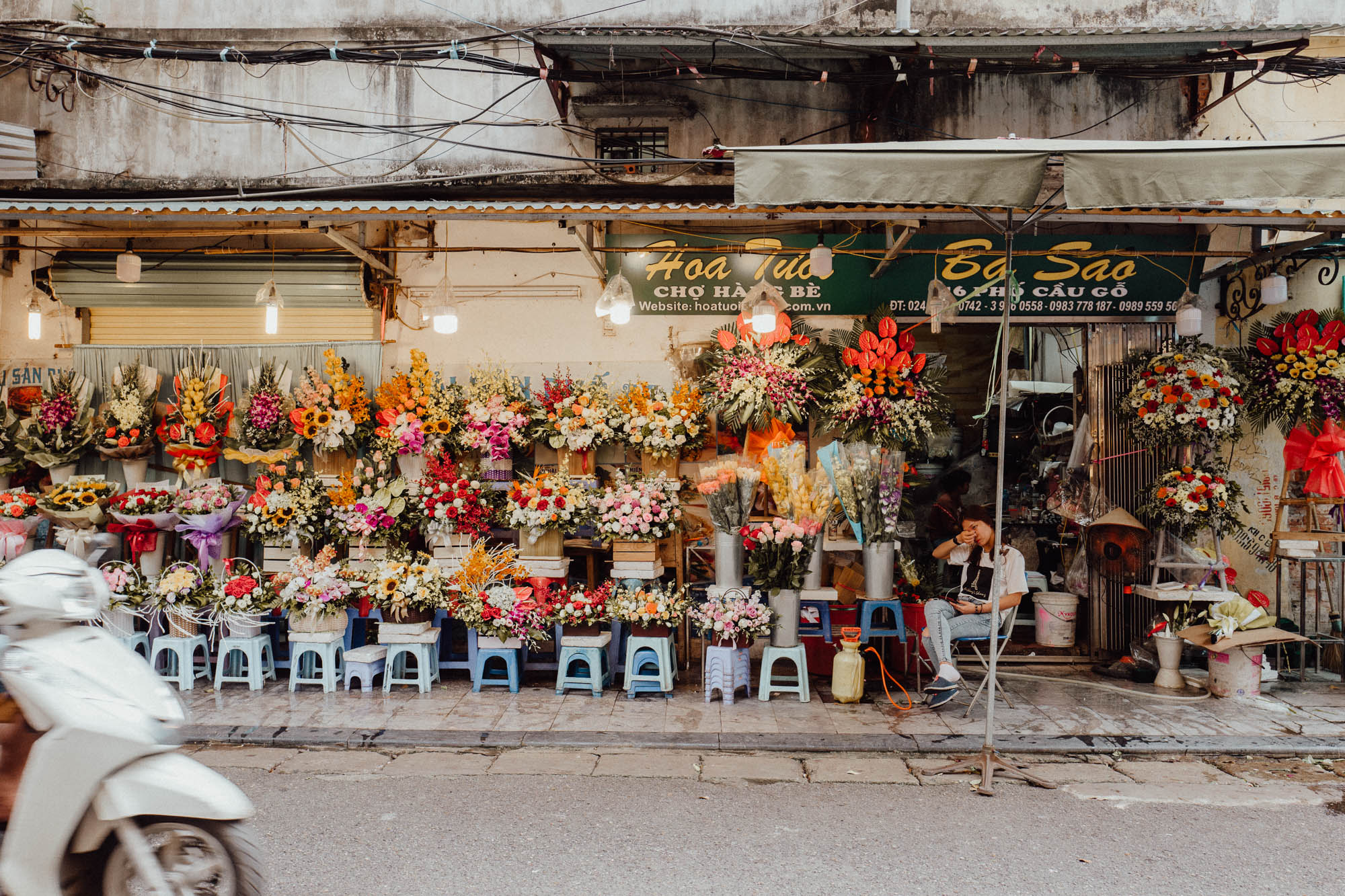 Streets and flower shops of Hanoi Vietnam