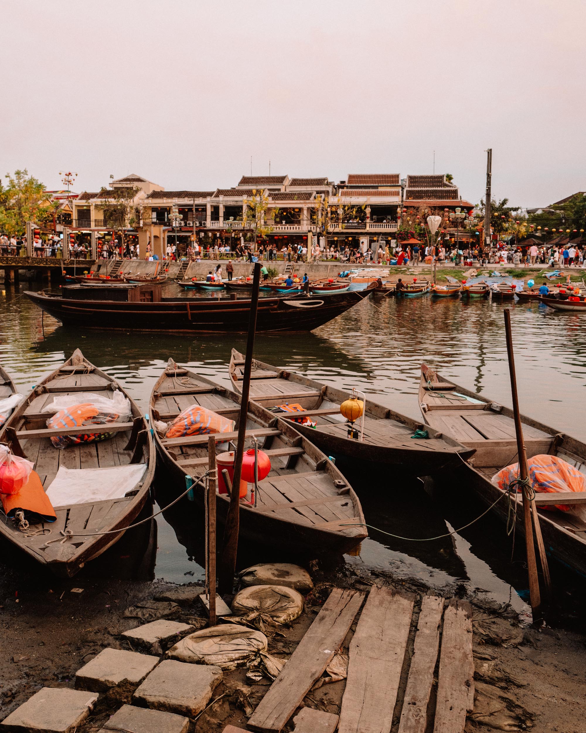 Lanterns and boats at night in Hoi An Vietnam