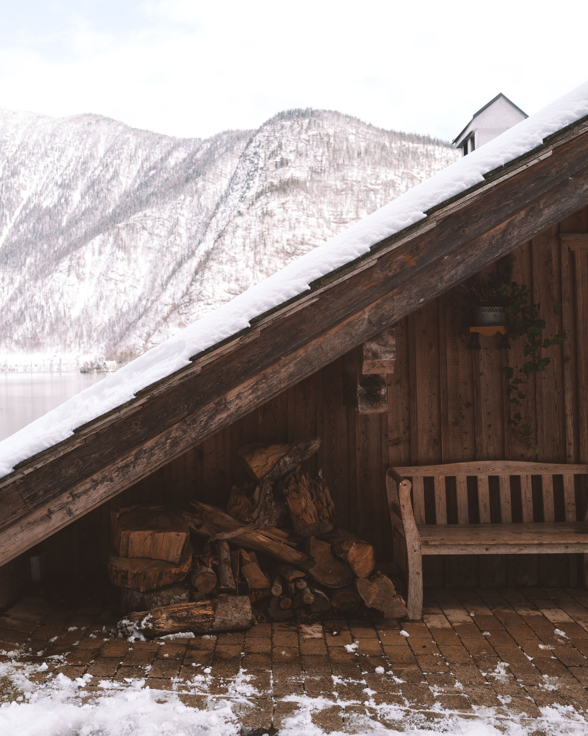 Houses in Hallstatt Austria covered in snow