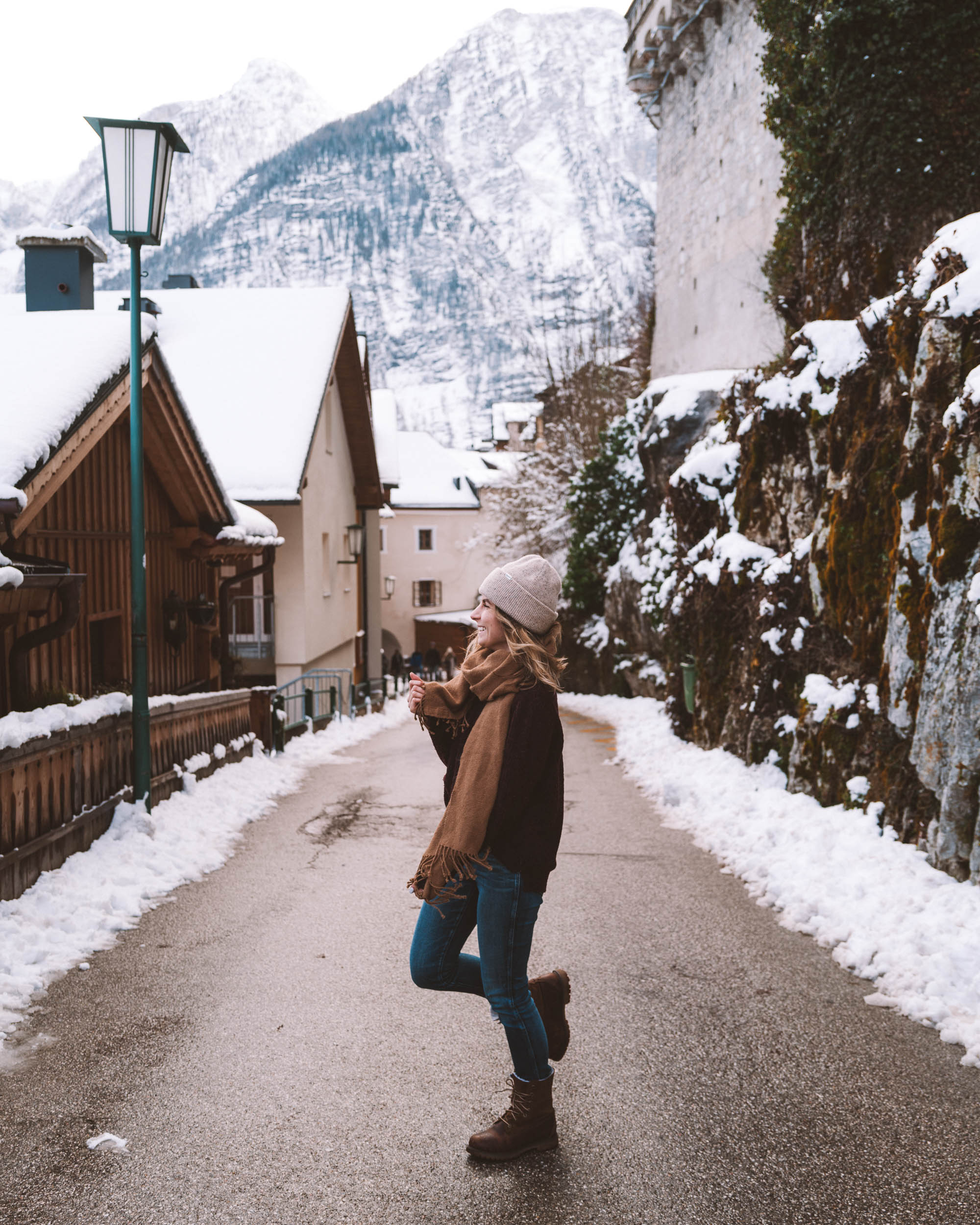 Streets of Hallstatt Austria with houses in the winter