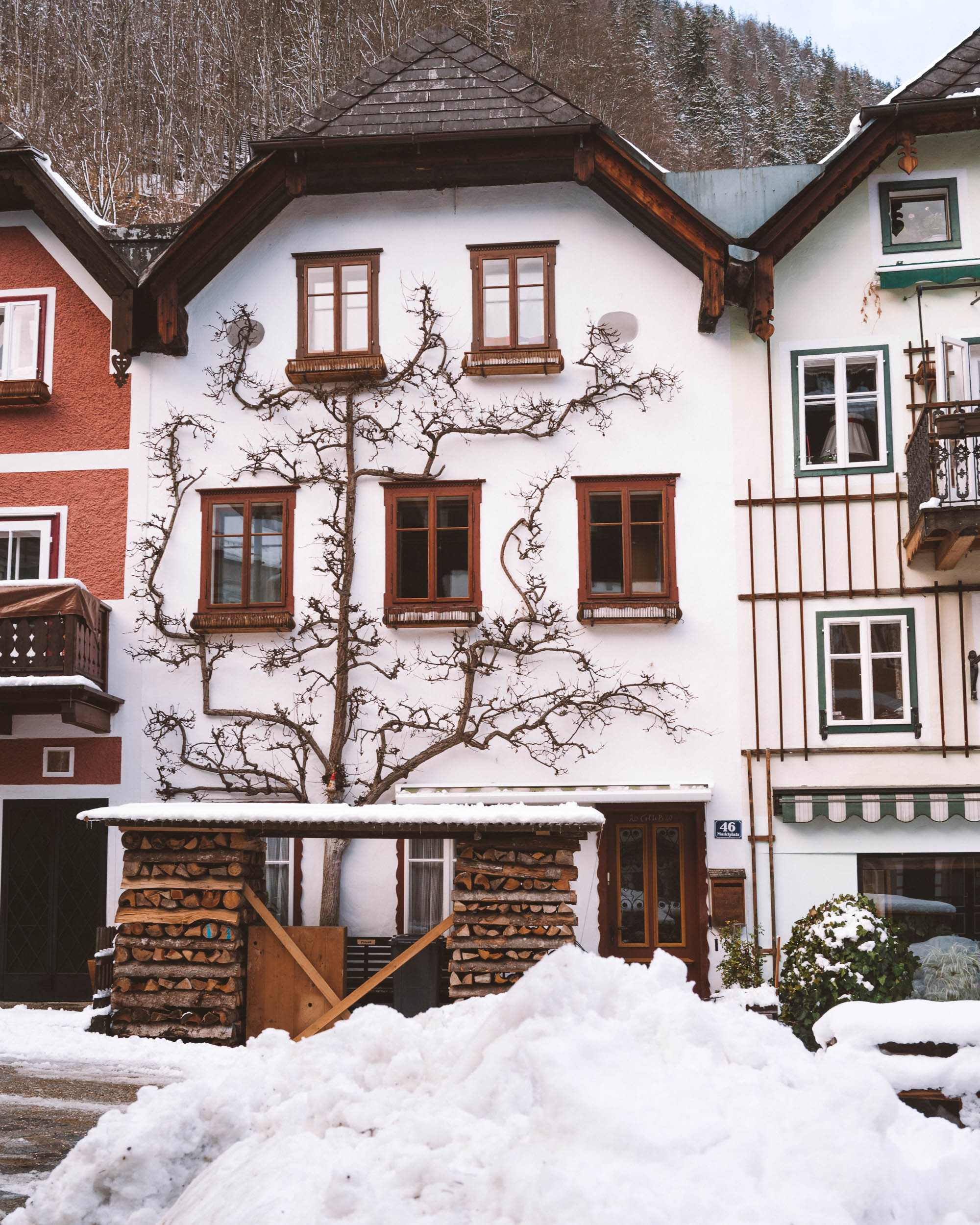 Hallstatt main square with gingerbread houses in Austria