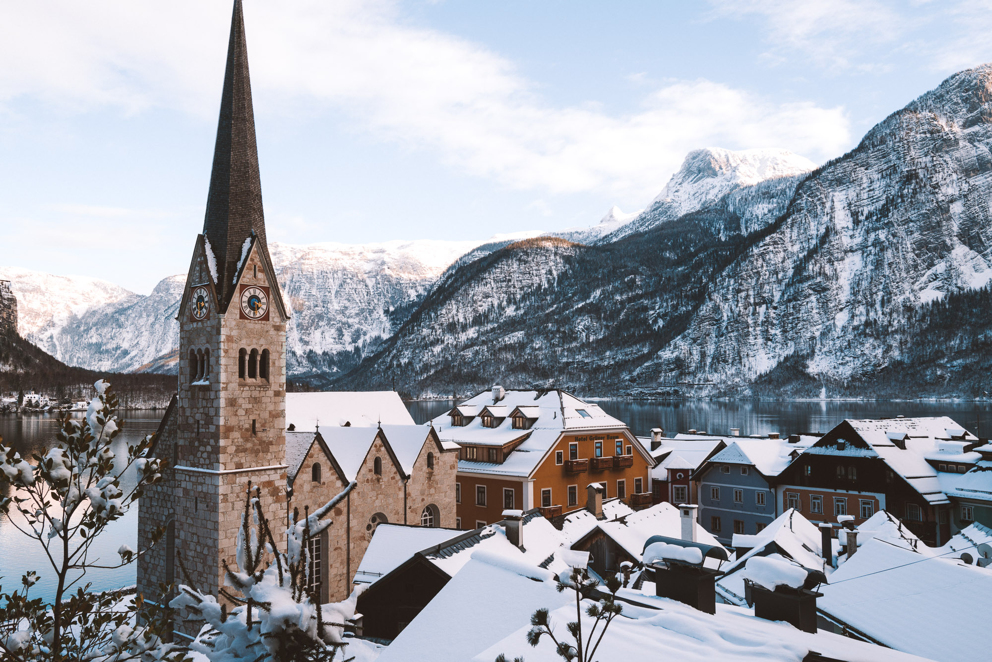 Hallstatt church and mountain range in Austria