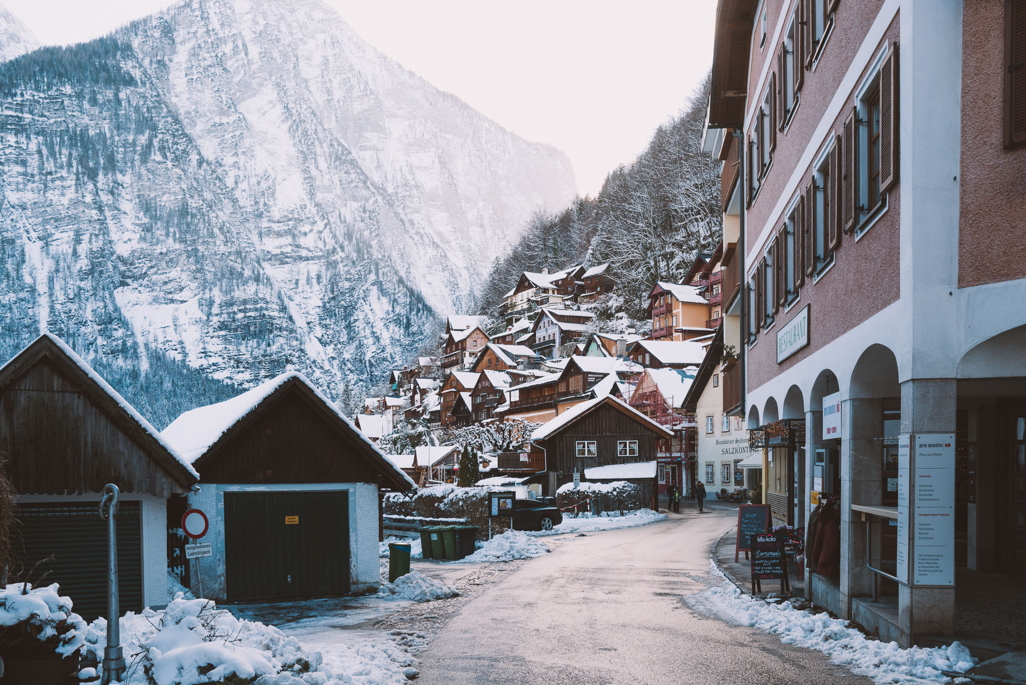Dowtown Hallstatt Austria in the wintertime during the morning