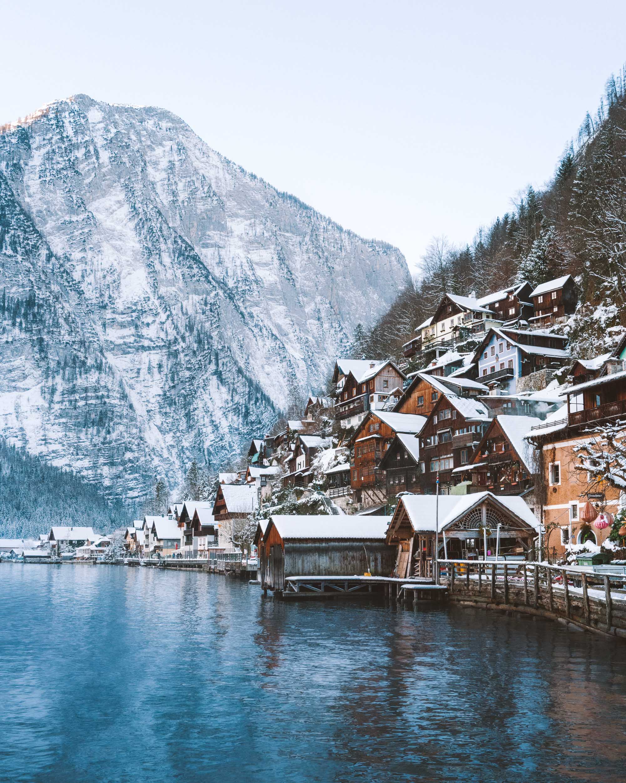 Houses in Hallstatt Austria on the mountainside overlooking the lake